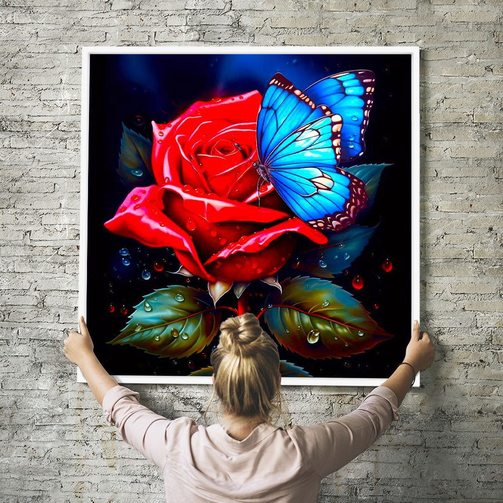 Diamond Painting Wandbild Rote Rose trifft blauen Schmetterling