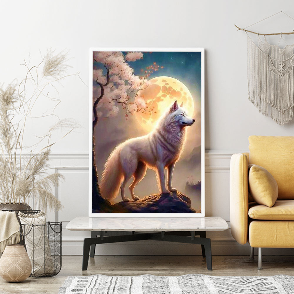 Diamond Painting Wandgestaltung Weißer Wolf im Mondlicht