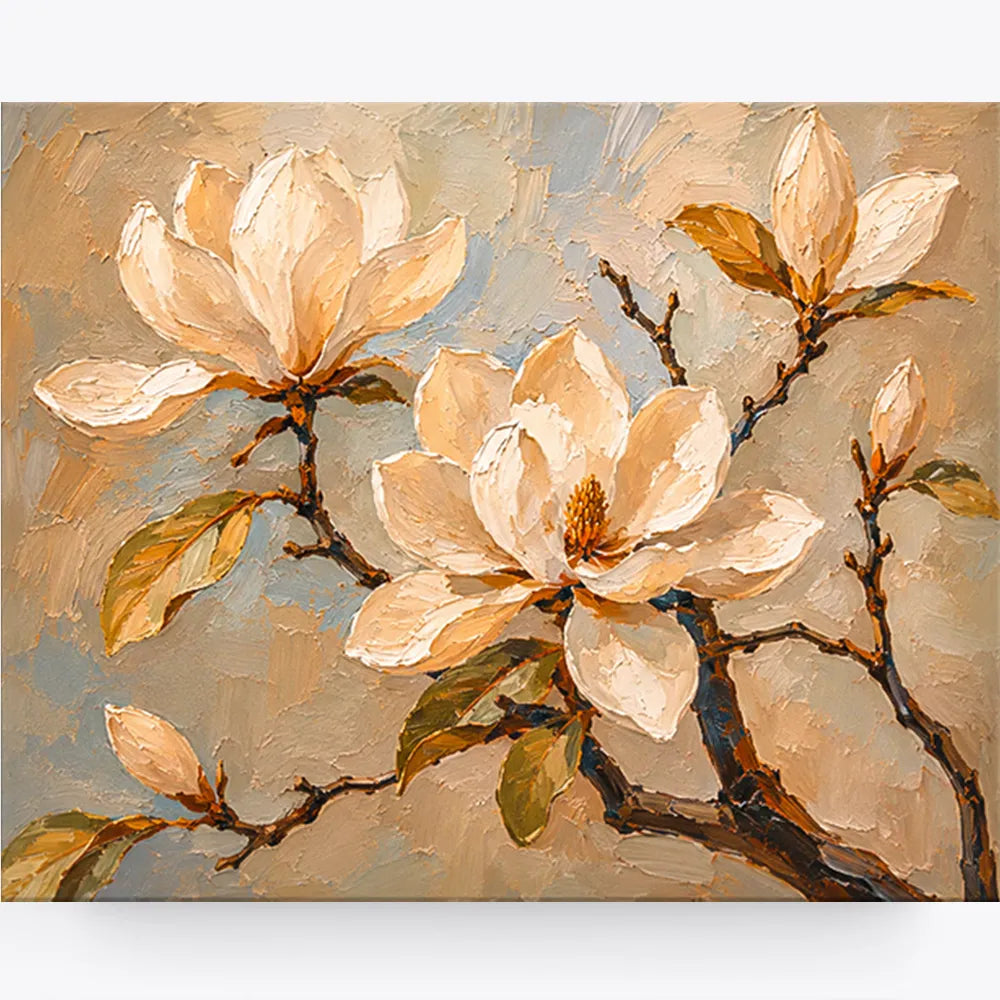 Malen nach Zahlen für Erwachsene: Magnolienblüten auf knorrigen Ästen in pastelligen Ölfarben-Optik