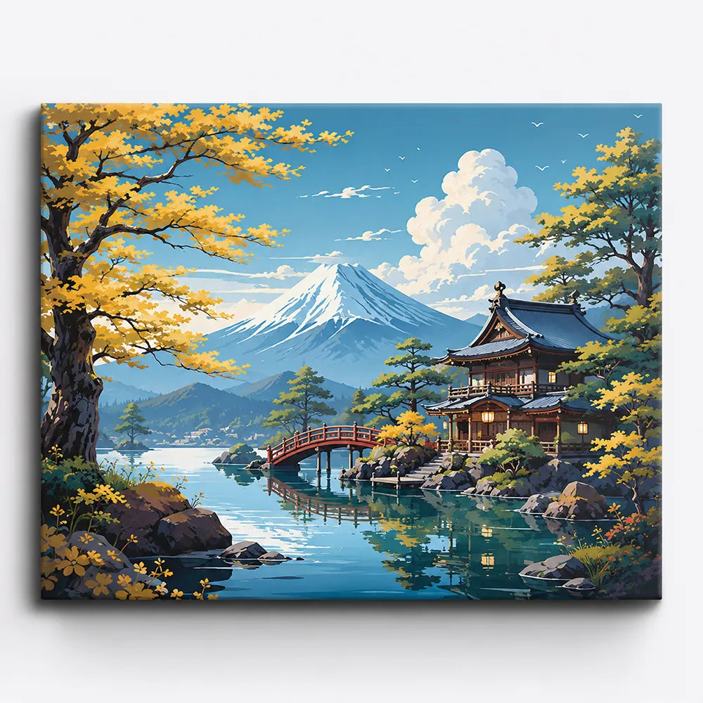 Malen nach Zahlen für Erwachsene: Japanische Landschaft mit Berg Fuji, Pavillon und Herbstbäumen am See