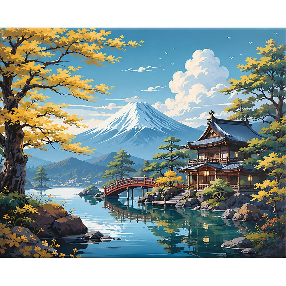 Malen nach Zahlen für Erwachsene: Japanische Landschaft mit Fujisan, Pavillon und herbstlichen Bäumen am See