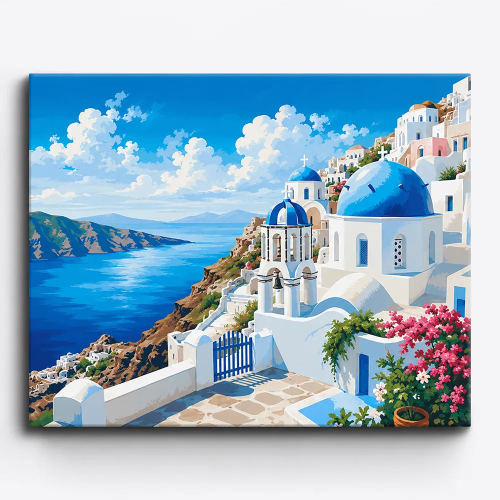 Malen nach Zahlen für Erwachsene: Sehnsucht nach Santorini mit weißen Häusern, blauen Kuppeln und Ägäis-Ausblick.