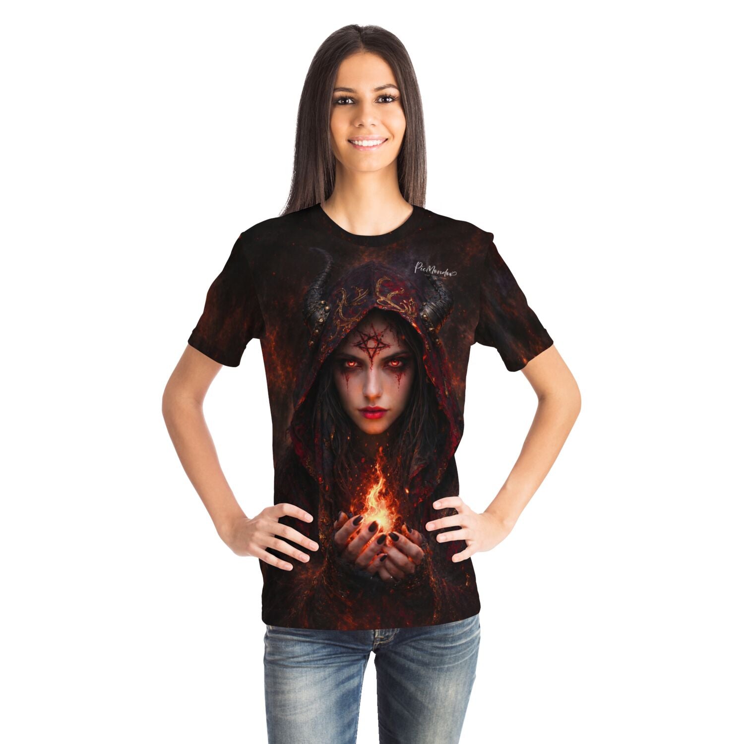 Frau trägt Dreamer T-Shirt Lilith mit Flammen-Motiv im Stil von Diamond Painting Kunst für Fans von Gothic-Designs