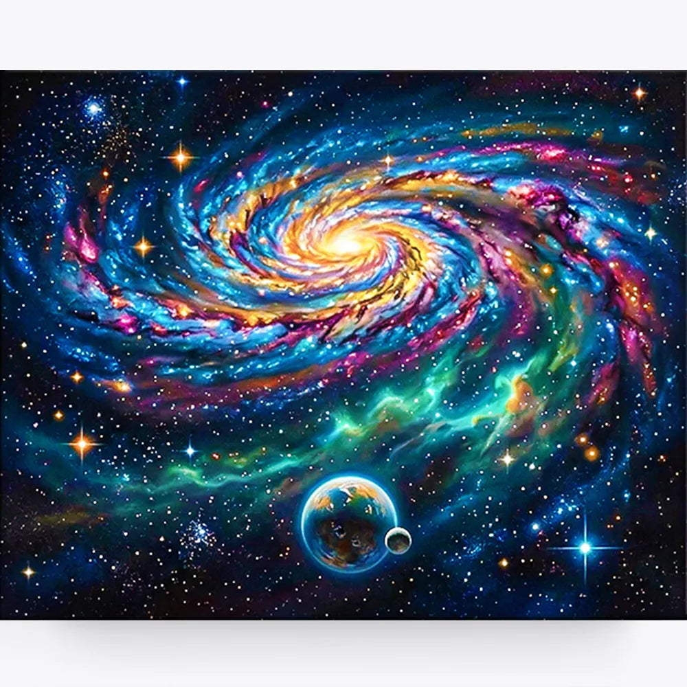 Malen nach Zahlen für Erwachsene: Bunte Weltraum-Galaxie mit leuchtender Spirale, Sternen und Planet als DIY-Set