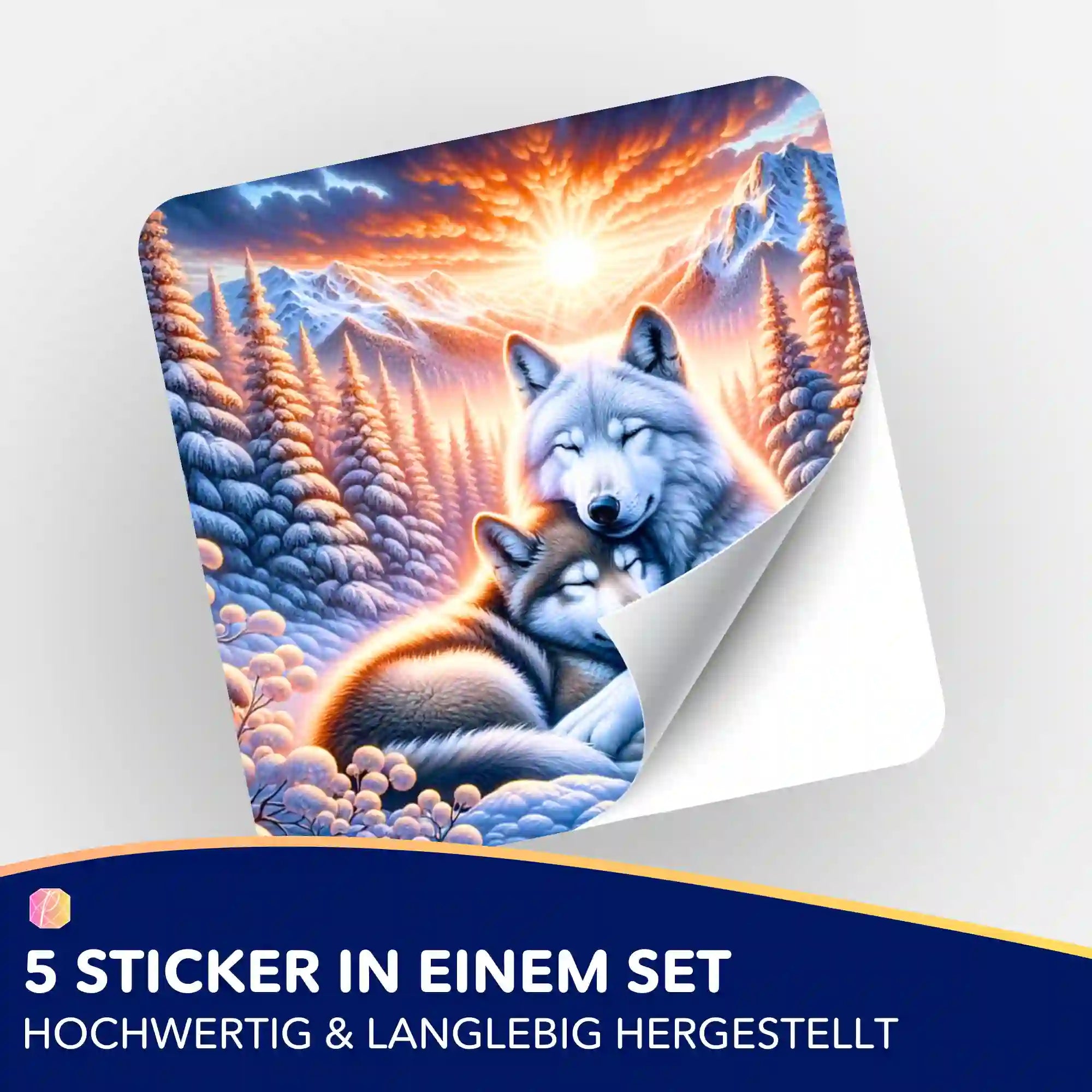 Aufkleber 5er-Set - Wolfliebe im Sonnenaufgang