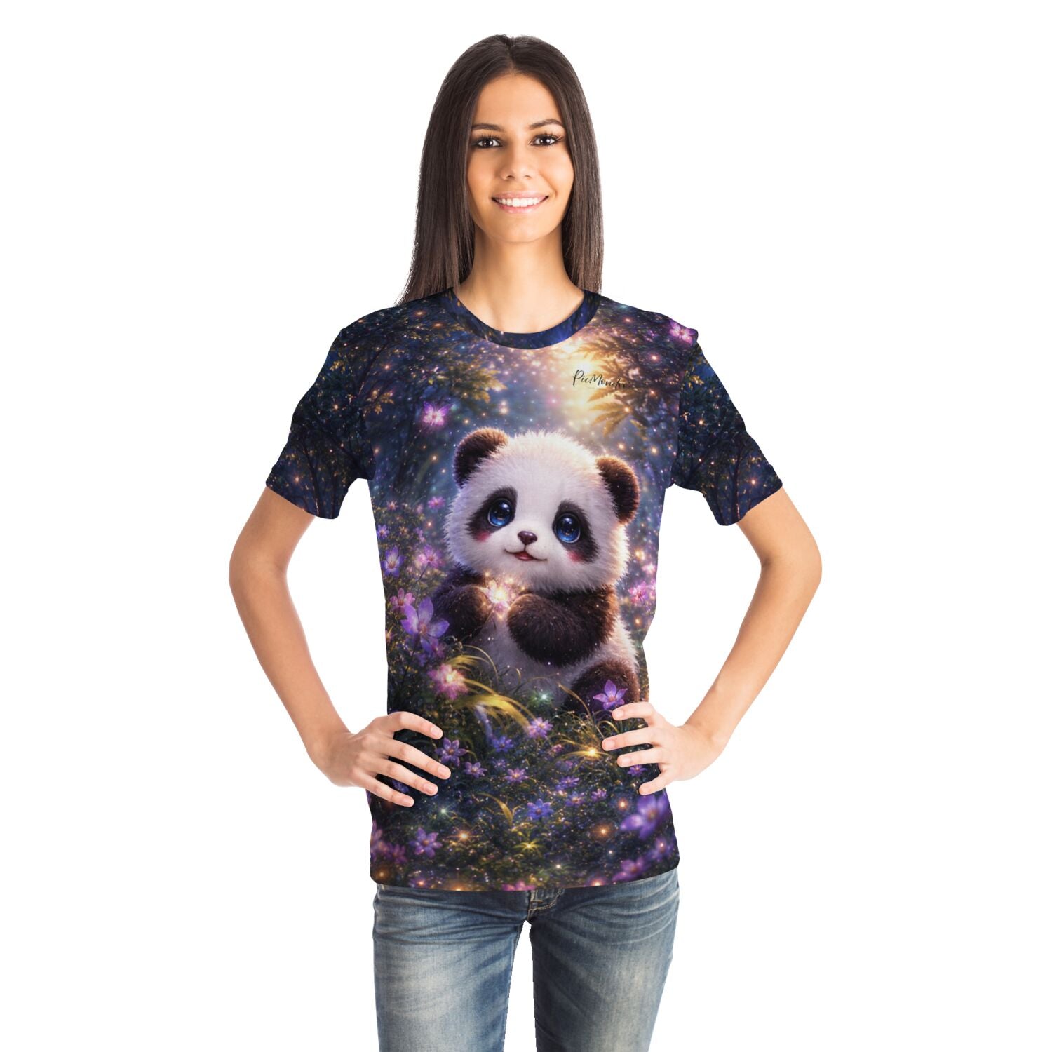 Frau trägt T-Shirt mit niedlichem Panda Motiv im Stil von Diamond Painting und Malen nach Zahlen Kunstwerken