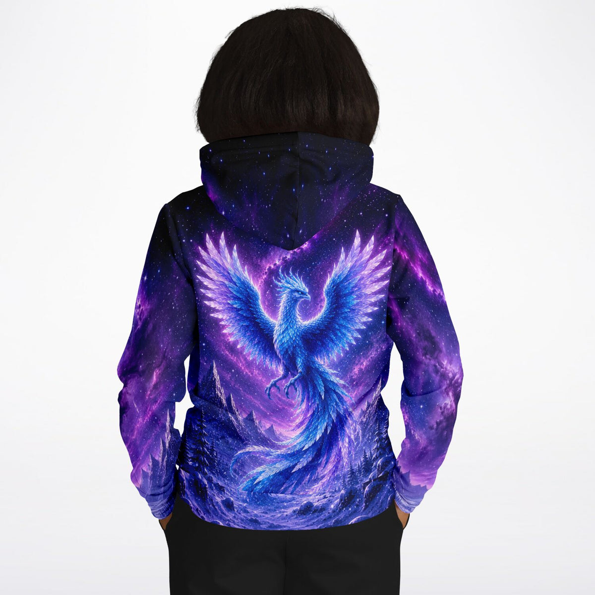 Dreamer Hoodie mit Winterphönix Motiv in Violett und Blau, inspiriert von Diamond Painting Kunstwerken