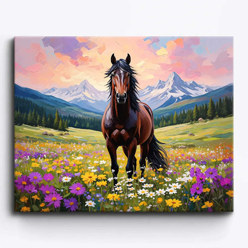 Malen nach Zahlen für Erwachsene: Stolzes Pferd in buntem Blumenfeld mit Berglandschaft als DIY-Kunstwerk.