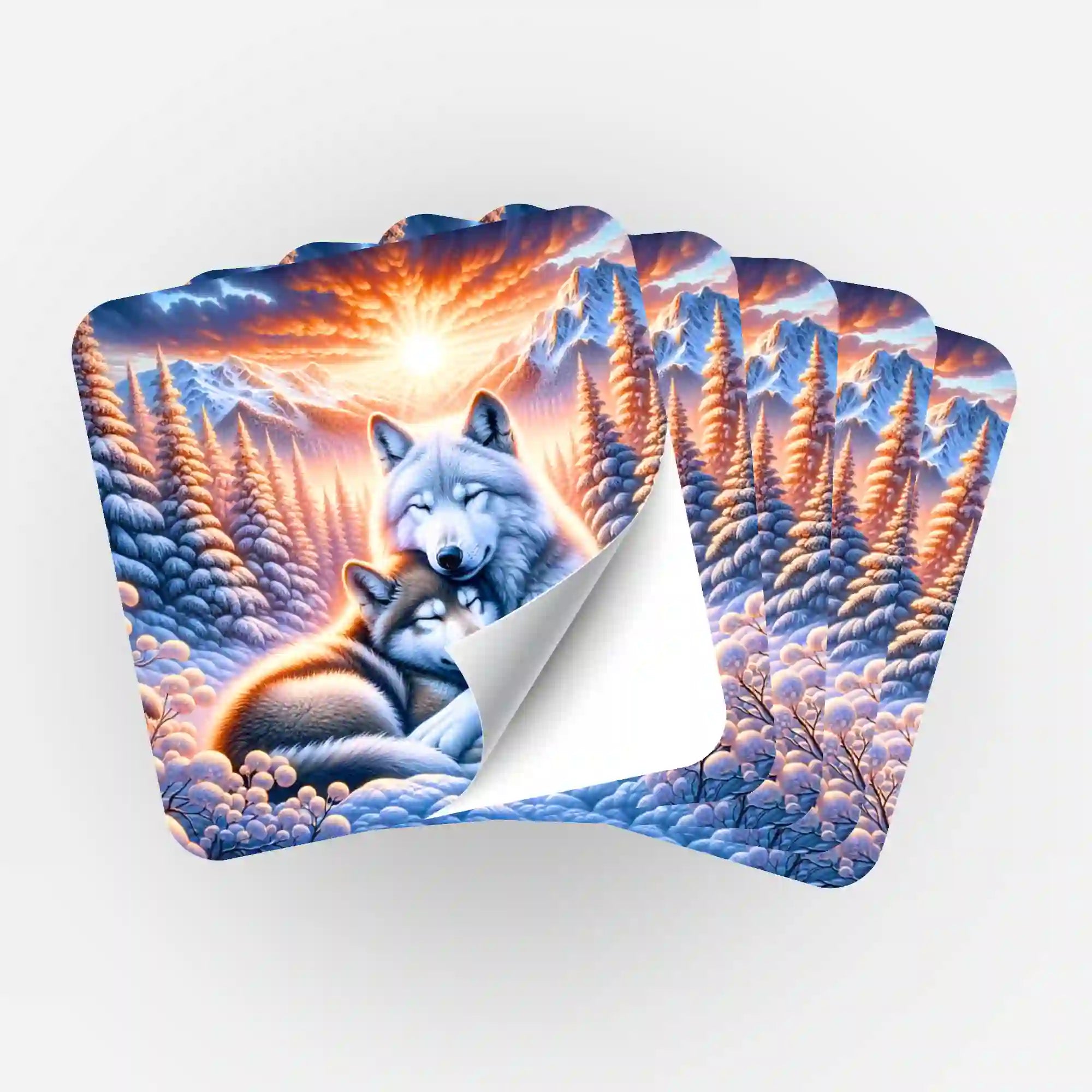 Aufkleber 5er-Set - Wolfliebe im Sonnenaufgang