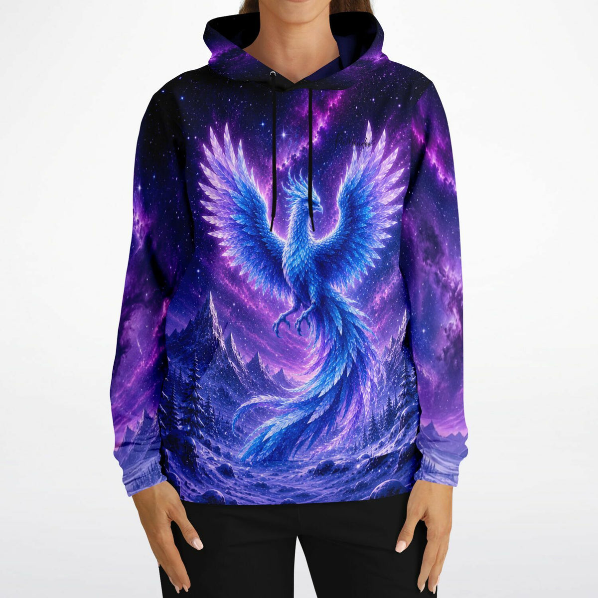 Dreamer Hoodie mit Winterphönix Motiv in Lila und Blau, perfekt für Fans von Diamond Painting und Kunstdesigns.