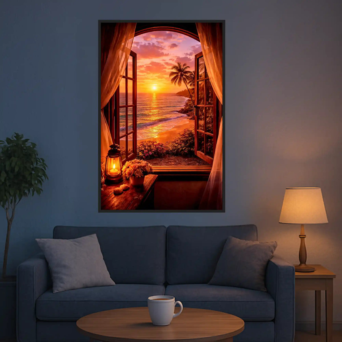 Diamond Painting Goldene Stille: XXL Fensterblick auf das Meer bei Sonnenuntergang mit Laterne und Palmen am Strand.