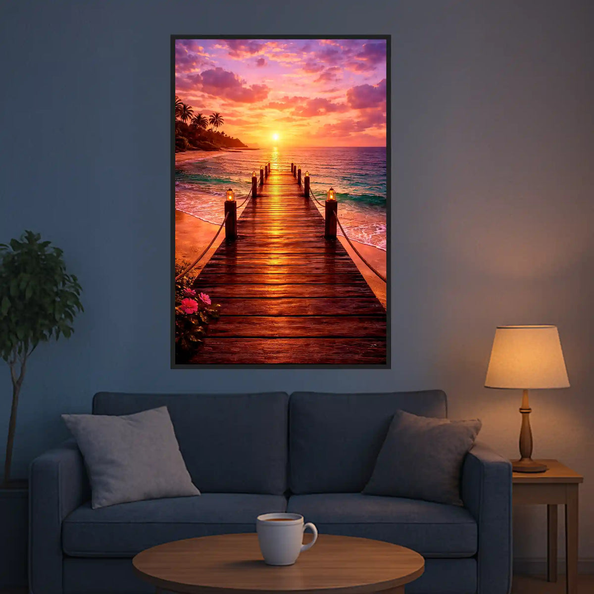 XXL Diamond Painting Set mit Holzsteg am Meer im atmosphärischen Sonnenuntergang für entspannende Bastelstunden.
