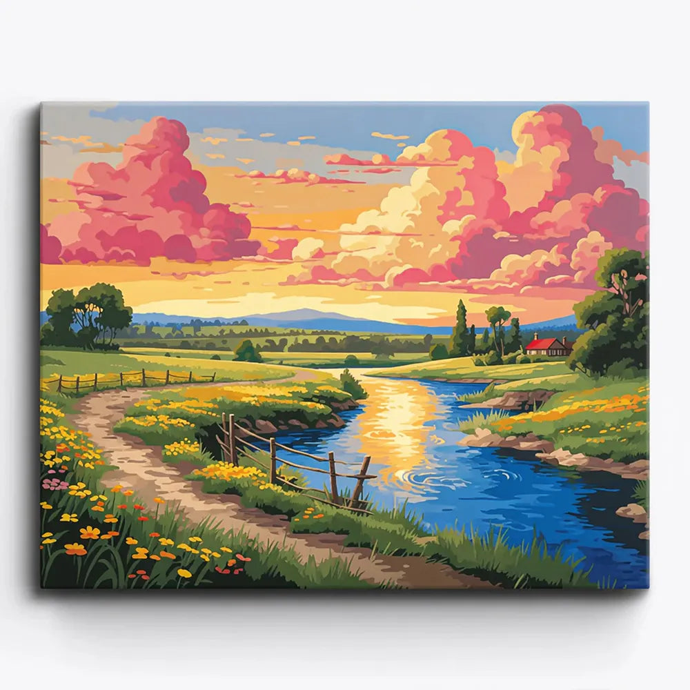 Malen nach Zahlen für Erwachsene: Landschaftsmotiv mit Fluss, blühender Wiese und farbenfrohem Sonnenuntergang am Abend.