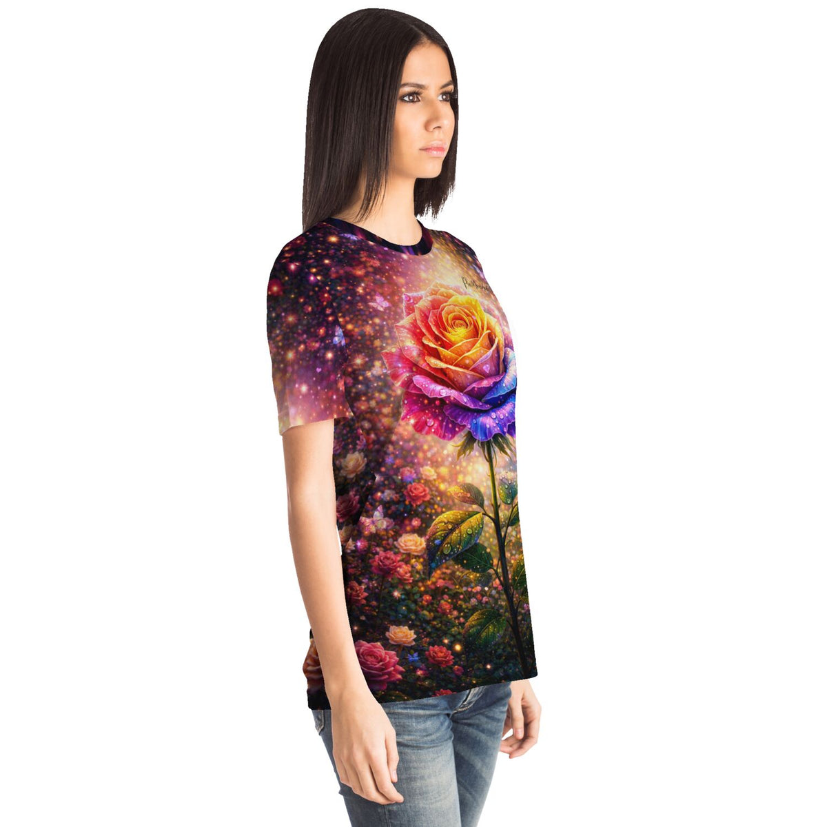 Frau trägt Dreamer T-Shirt mit buntem Rosen Motiv im Stil von Diamond Painting und Malen nach Zahlen Kunstwerken