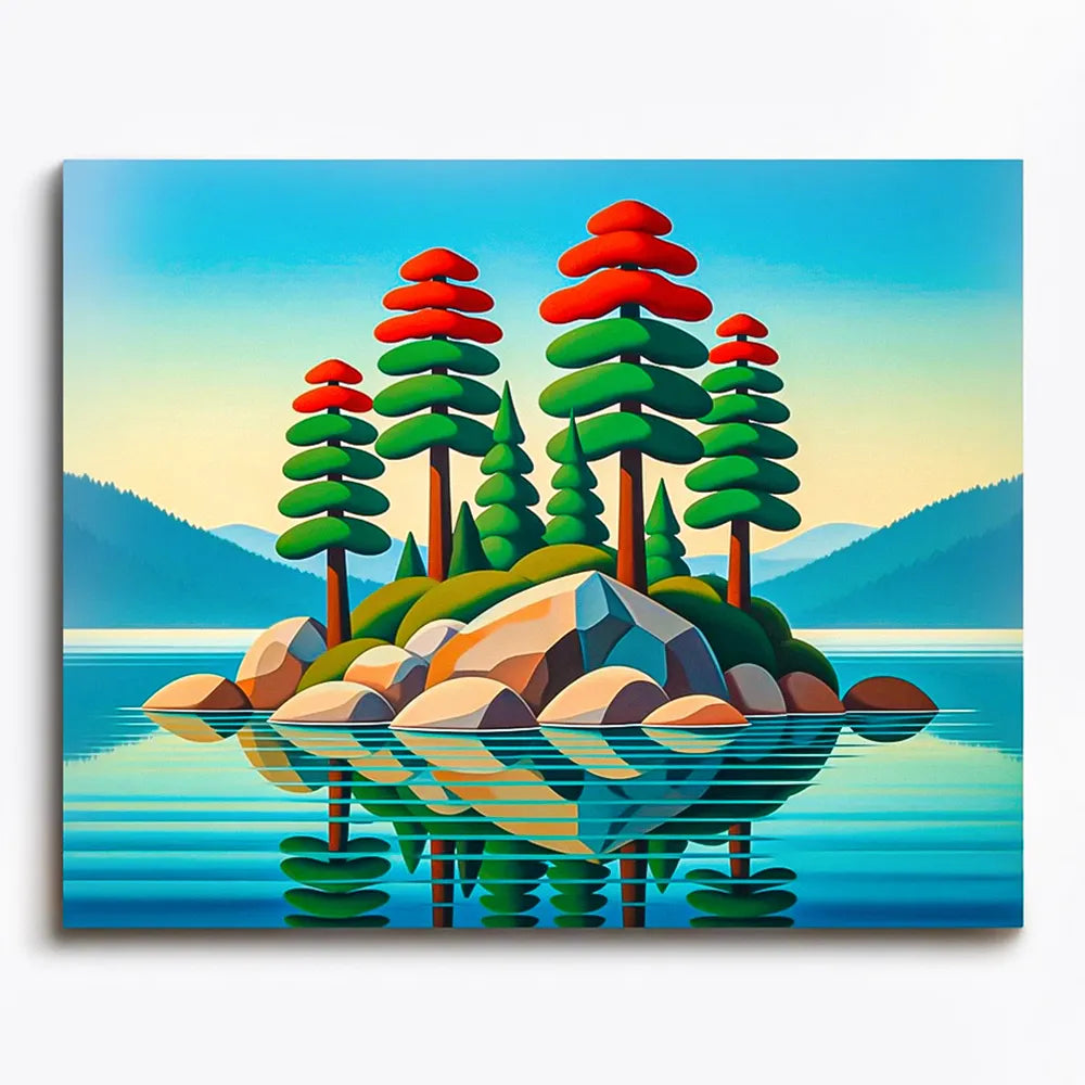 Malen nach Zahlen für Erwachsene Motiv Insel im See mit roten Bäumen und Bergen, farbenfrohes DIY-Kunstwerk von Picmondoo
