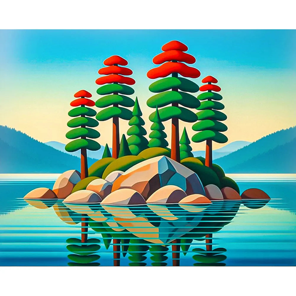 Malen nach Zahlen für Erwachsene: Insel-Landschaft mit rotem Wald und See-Spiegelung für entspannendes DIY-Kunstwerk