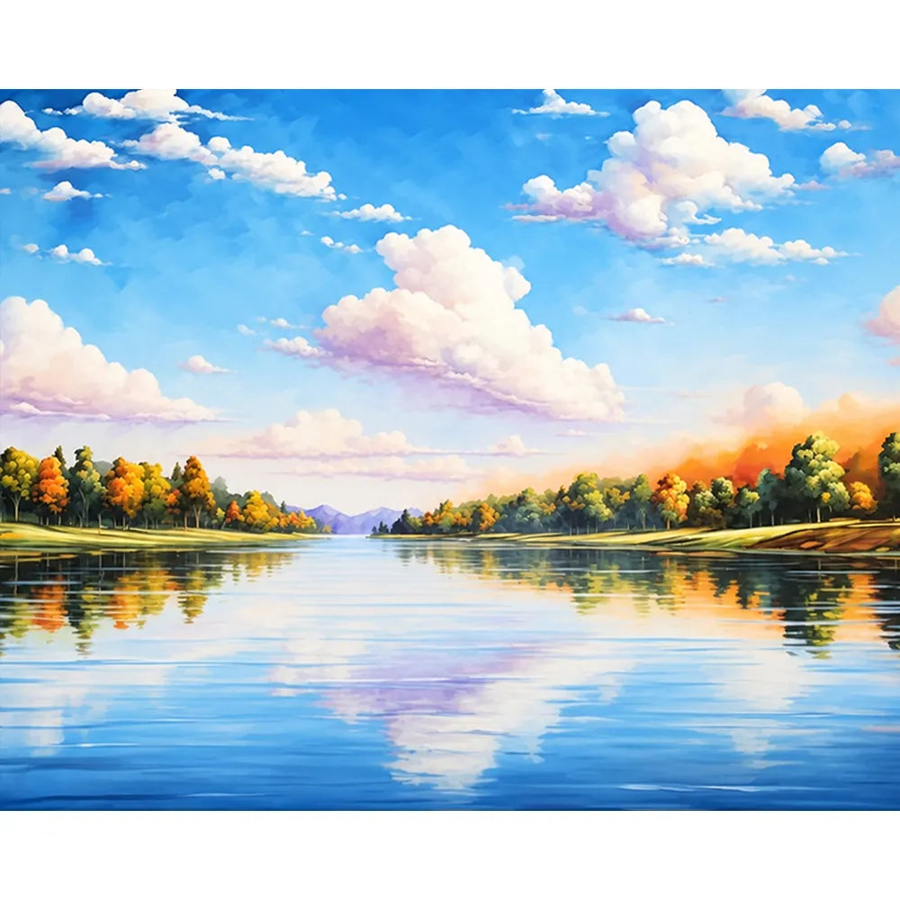 Malen nach Zahlen für Erwachsene Motiv Himmelweit mit Flusslandschaft, herbstlichen Bäumen und blauem Wolkenhimmel