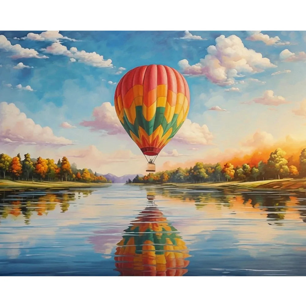 Malen nach Zahlen für Erwachsene Motiv: Bunter Heißluftballon über Fluss mit herbstlicher Landschaft