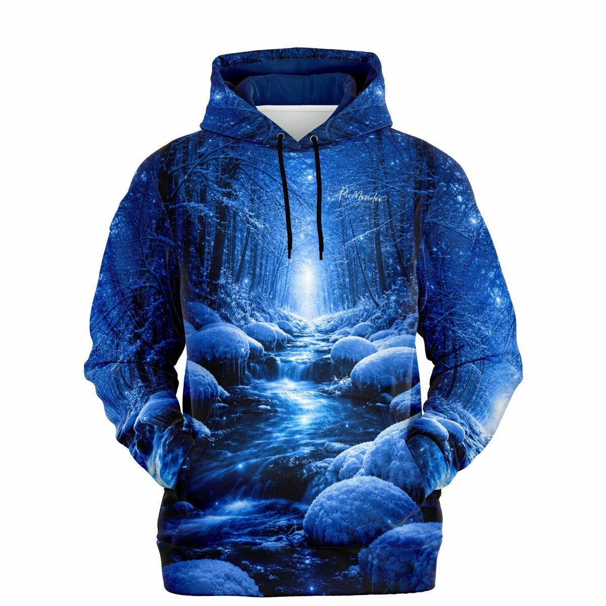 Dreamer Hoodie mit winterlicher Wald- und Fluss-Landschaft, passend zum Design unserer Diamond Painting Motive