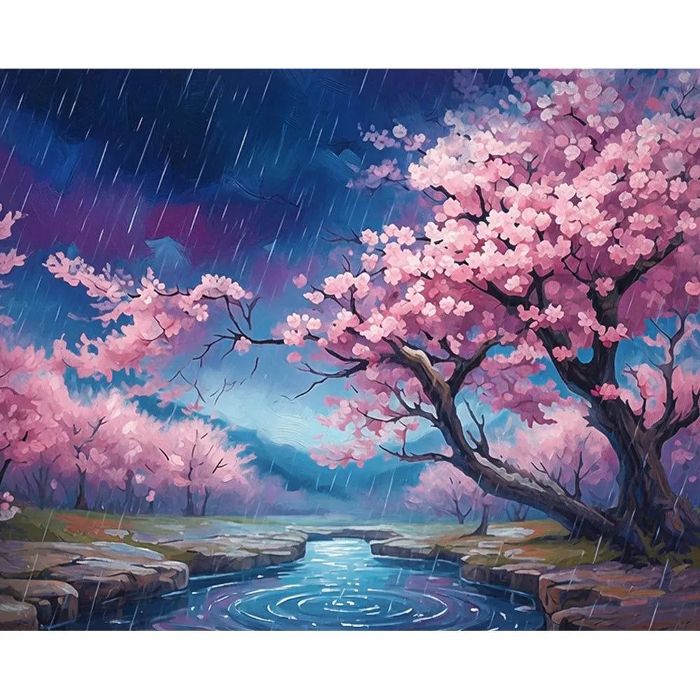 Malen nach Zahlen für Erwachsene: Kirschbaum in rosa Blüten bei Regen, nächtlicher Himmel über einem ruhigen Bach.