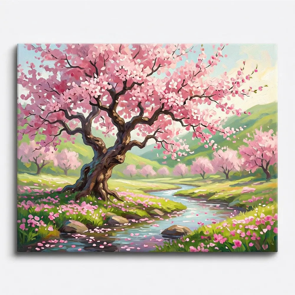 Malen nach Zahlen für Erwachsene: Frühlingslandschaft mit blühendem Kirschbaum, Bach und rosa Blütenblättern