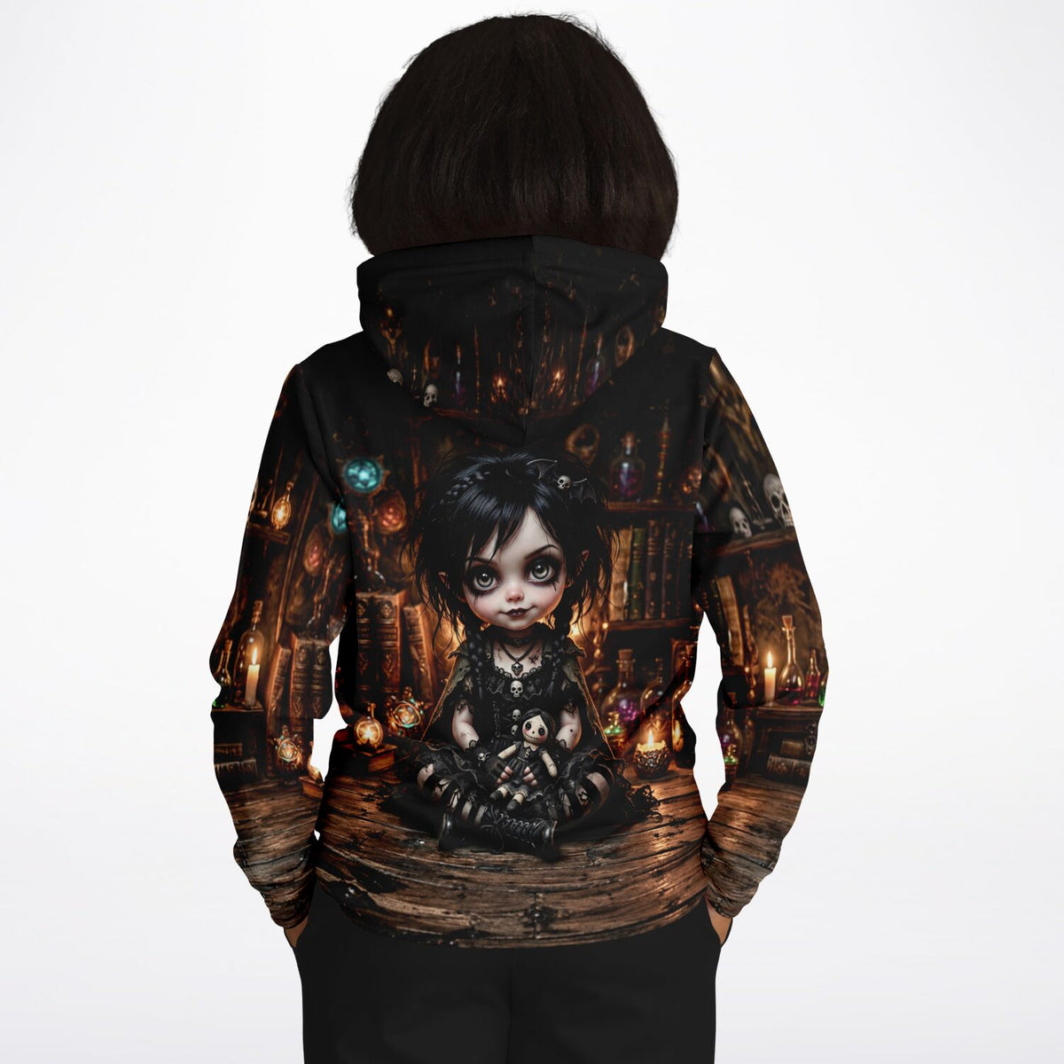 Schwarzer All-Over-Print Dreamer Hoodie mit Little Mistelchen Fantasy-Motiv wie bei Diamond Painting und Malen nach Zahlen