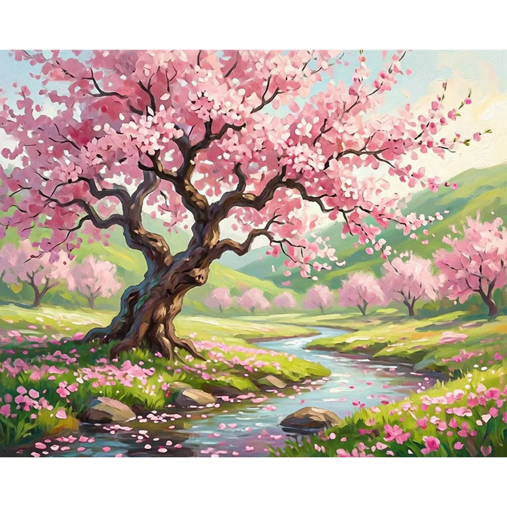 Malen nach Zahlen für Erwachsene: Frühlingslandschaft mit blühendem Kirschbaum und Bachlauf im Picmondoo-Design