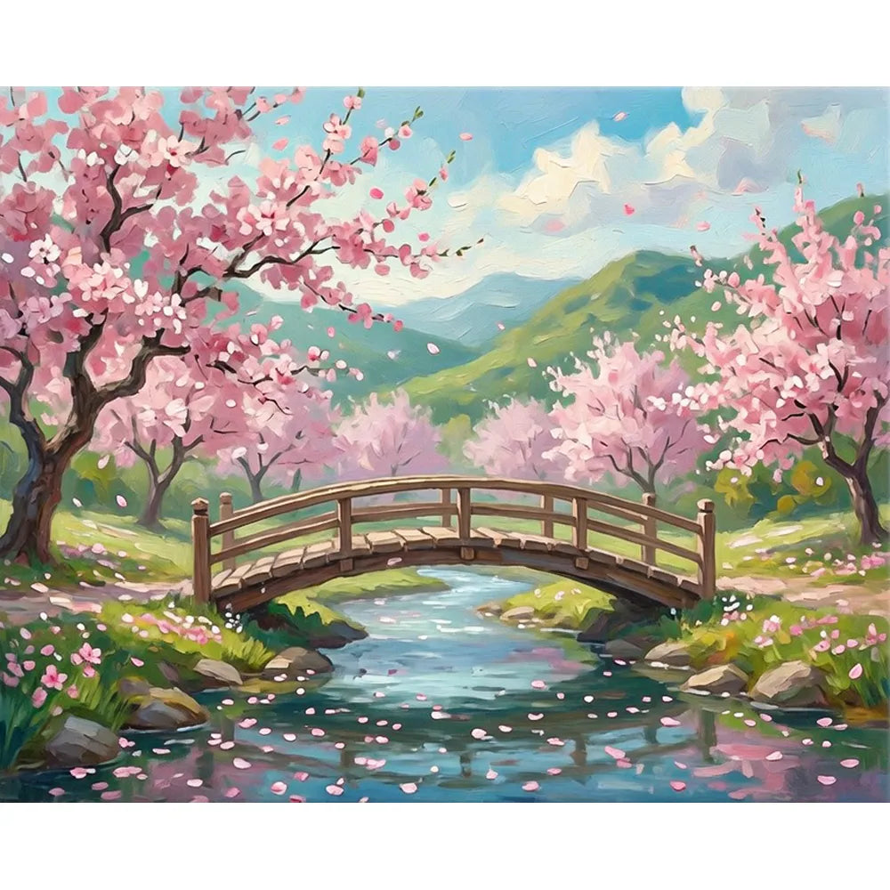 Malen nach Zahlen für Erwachsene: Frühlingslandschaft mit blühenden Kirschbäumen, Holzbrücke und Bach