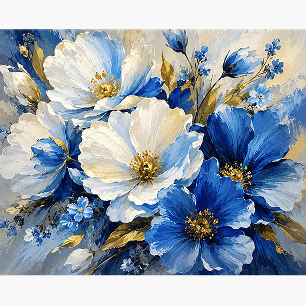 Malen nach Zahlen für Erwachsene: Blüten aus Saphir Bouquet in Blau, Weiß und Gold auf Leinwand
