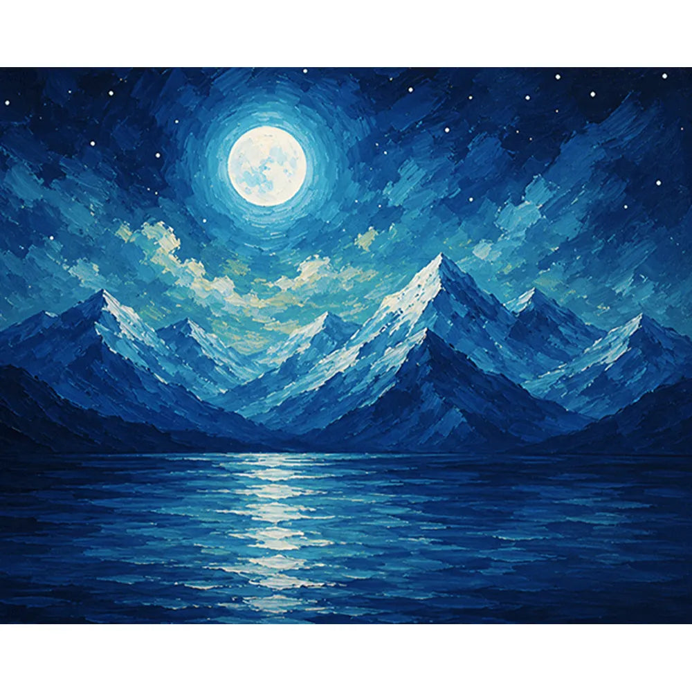 Malen nach Zahlen für Erwachsene: Leuchtender Vollmond über einer nächtlichen Berglandschaft in blauen Farbtönen.
