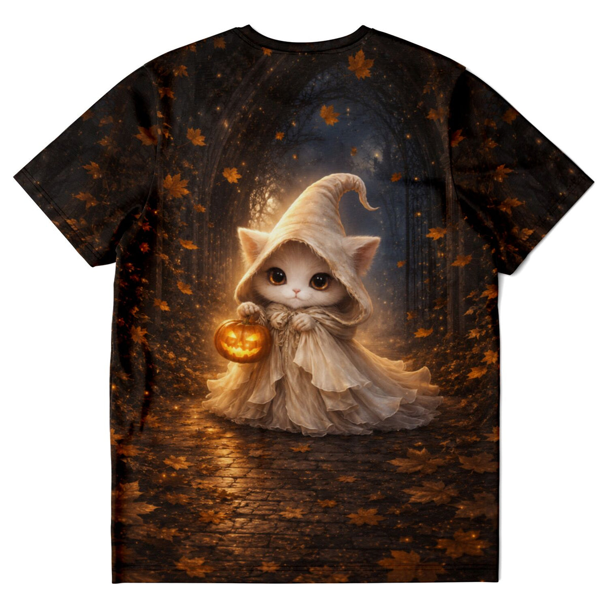 T-Shirt mit süßer Katze im Hexenkostüm und Kürbis, inspiriert von Diamond Painting Motiven für magische Herbststimmungen.