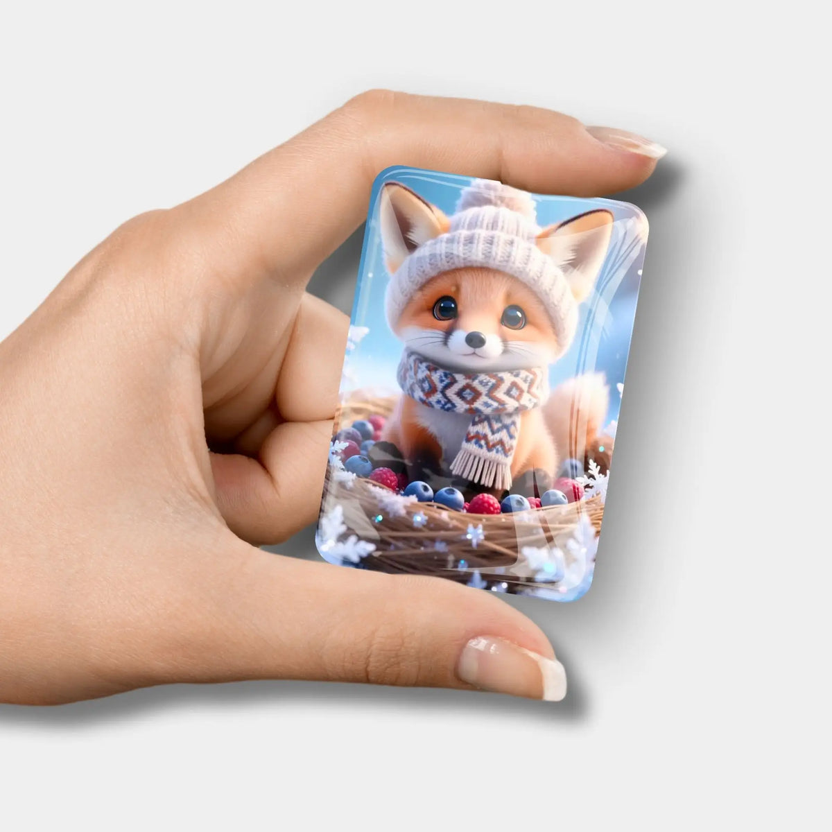 Diamond Painting Cover Minder Tavi: Hand hält Glasmagnet mit niedlichem Winter-Fuchs mit Mütze und Schal.