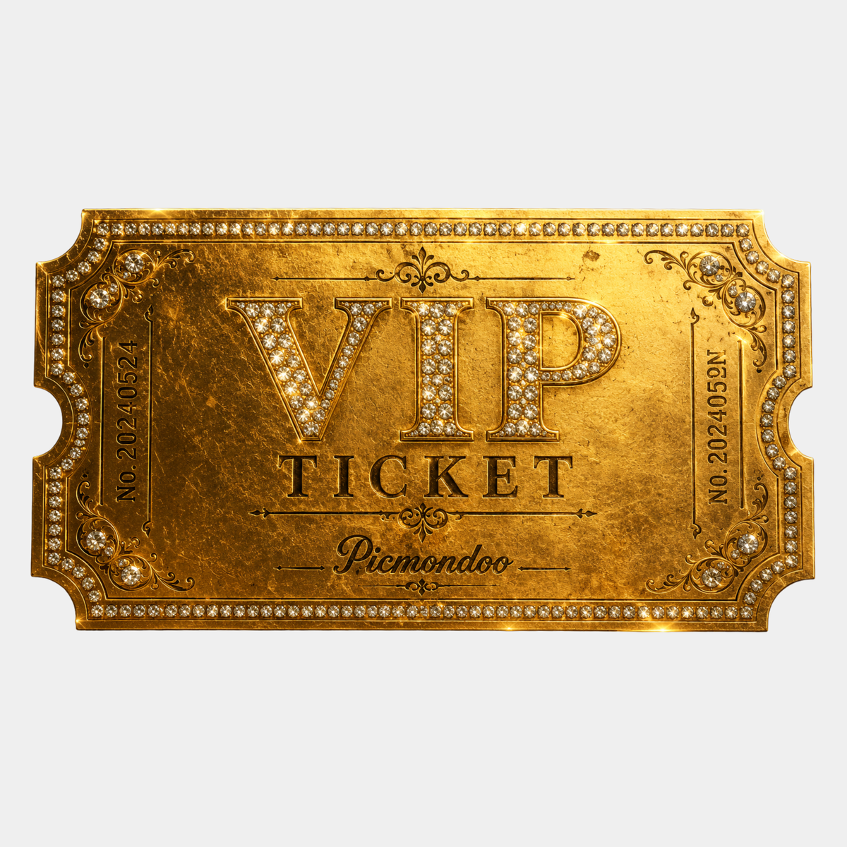 Goldenes Picmondoo VIP Meet & Greet Ticket im Diamond Painting Stil mit glitzernden Diamant-Applikationen.
