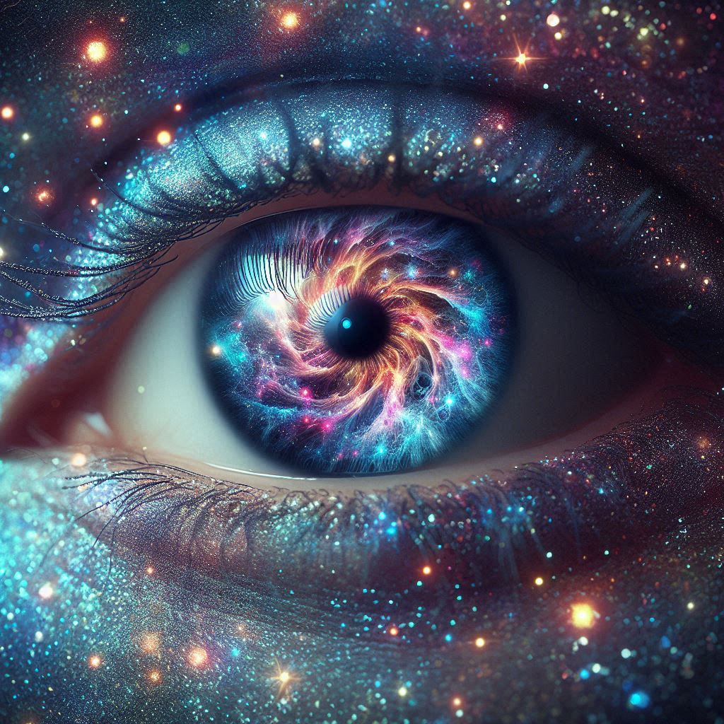 Diamond Painting Set Eye of Universe: Fertiges Bild mit funkelnden Diamanten und farbenprächtigem galaktischem Augen-Motiv