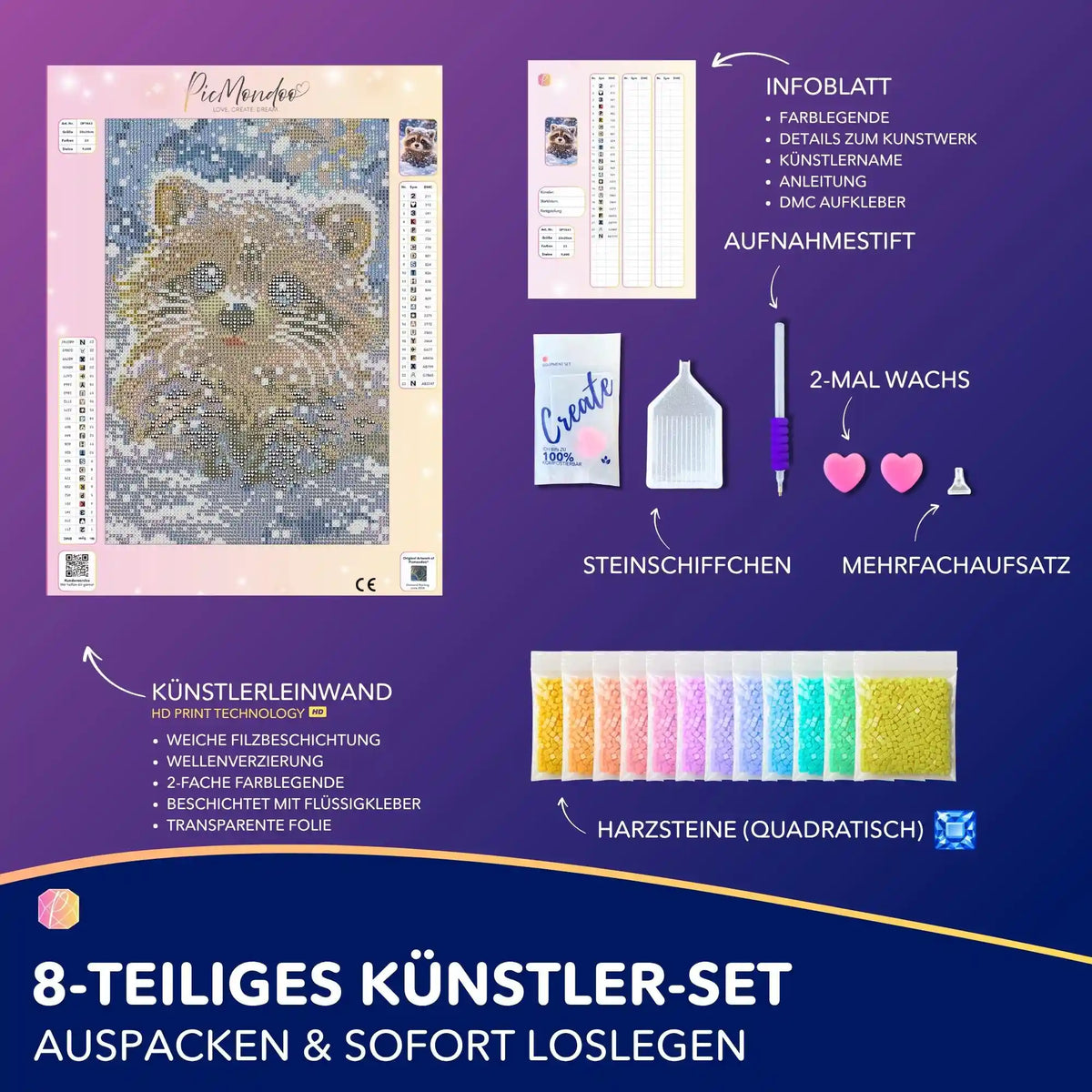 Diamond Painting Set Nivali mit niedlichem Waschbär Motiv, Leinwand, quadratischen Steinen und Zubehör für DIY Kunst