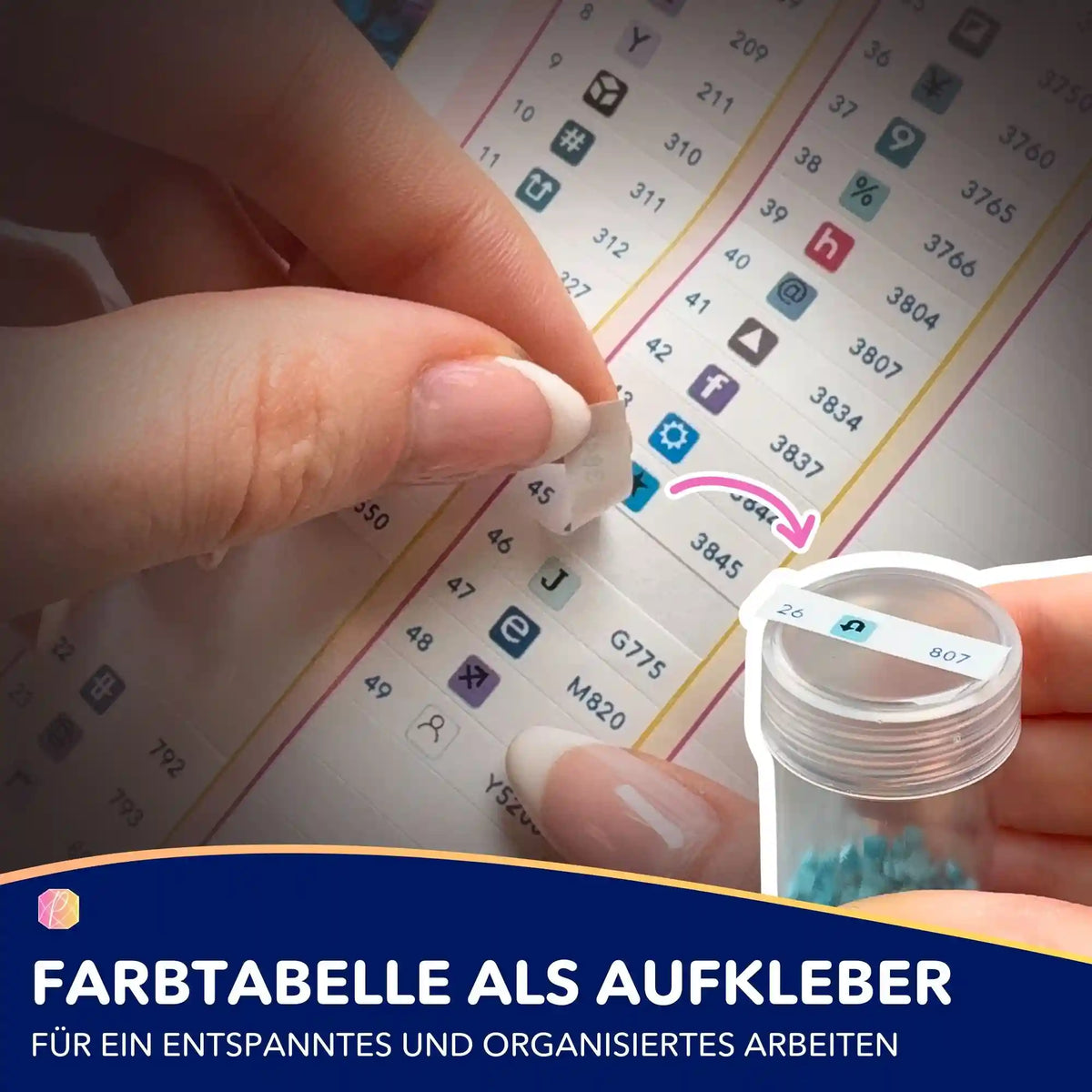Diamond Painting Farbaufkleber für eine organisierte Sortierung der Steine bei deinem Diamond Painting Set.