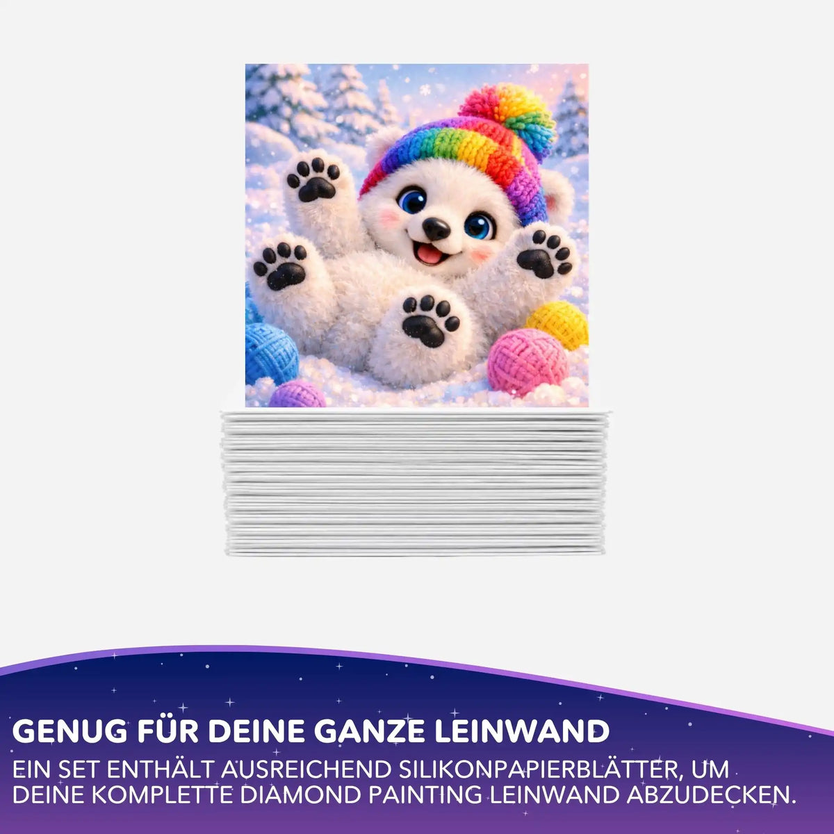 Silikonpapier-Set Winterfreude für Diamond Painting mit süßem Eisbären im Schnee und bunter Wollmütze.