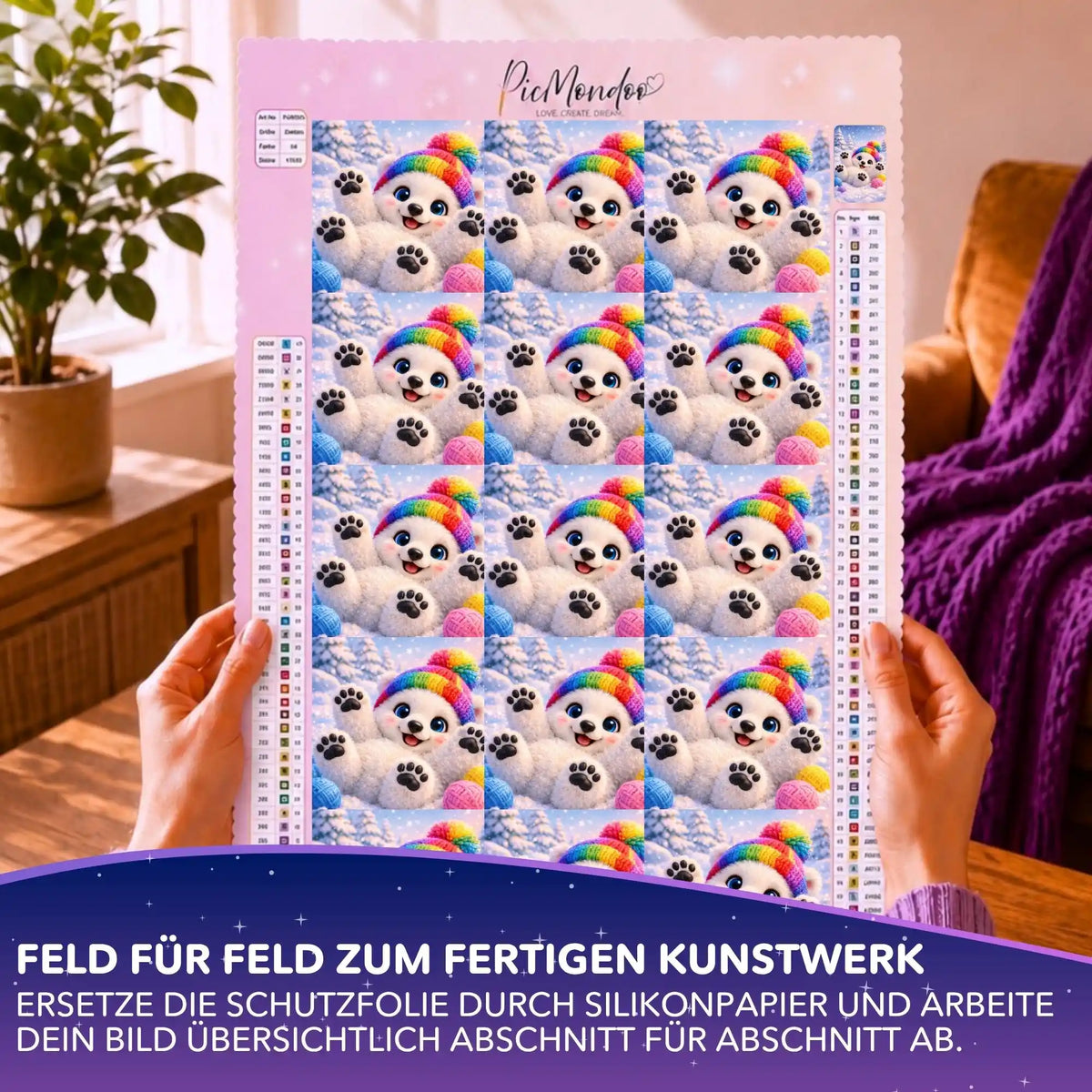 Picmondoo Diamond Painting Silikonpapier-Set Winterfreude mit Eisbär-Motiv auf Leinwand