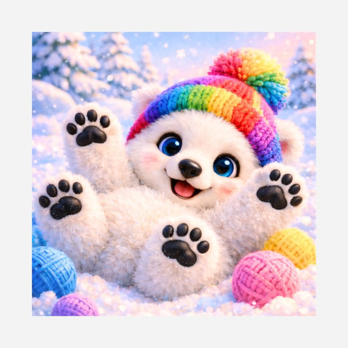 Diamond Painting Silikonpapier-Set Winterfreude: Kleiner Eisbär mit bunter Strickmütze im Schnee