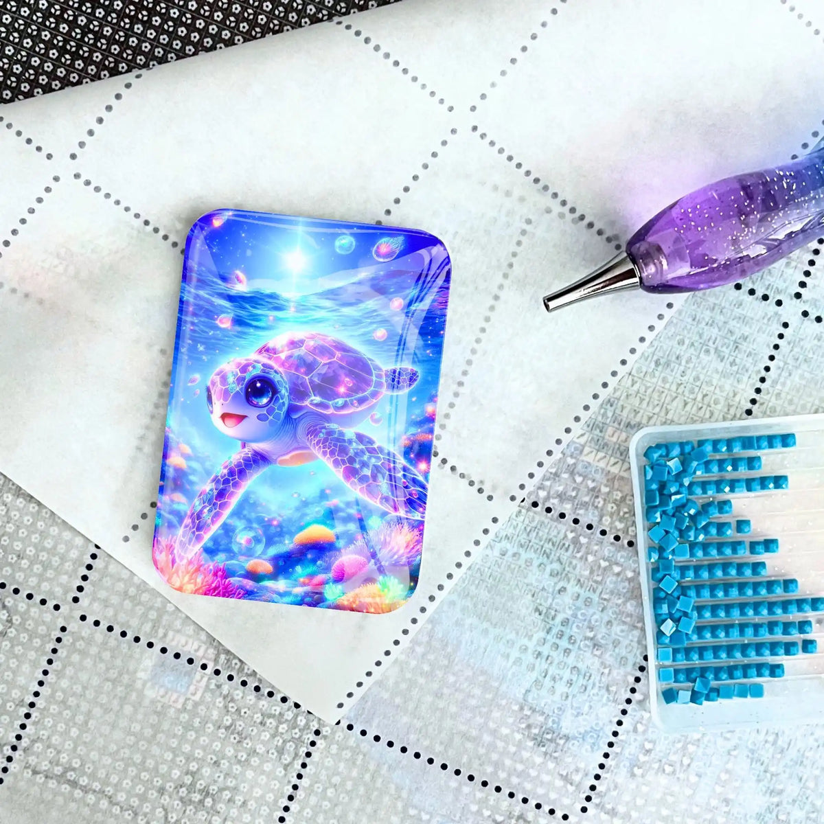 Cover Minder Sternenschildi für Diamond Painting mit buntem Schildkröten-Motiv, Stift und Steinchen