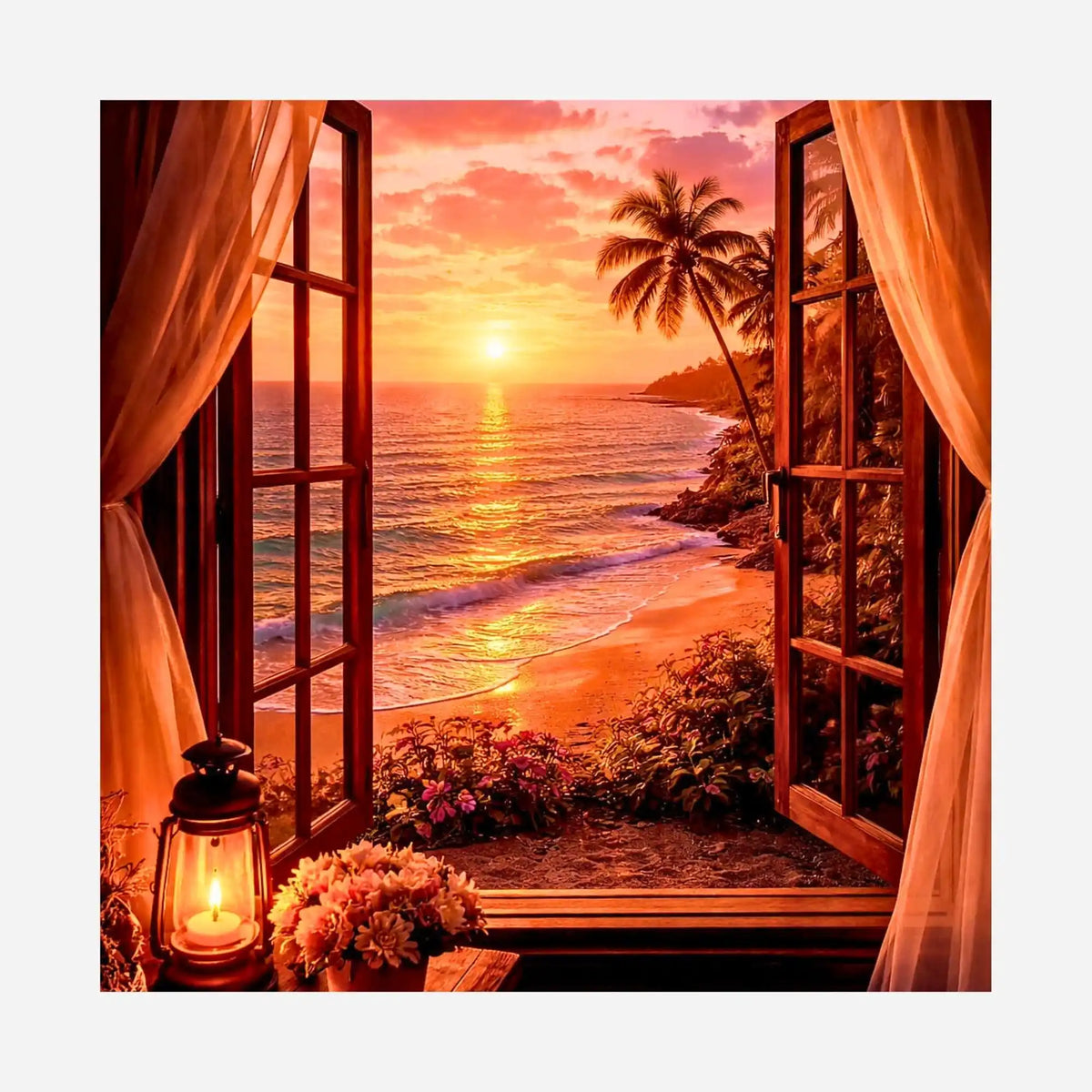 Diamond Painting Motiv Goldene Stille: Tropischer Strand und Palme im Sonnenuntergang durch offenes Fenster.