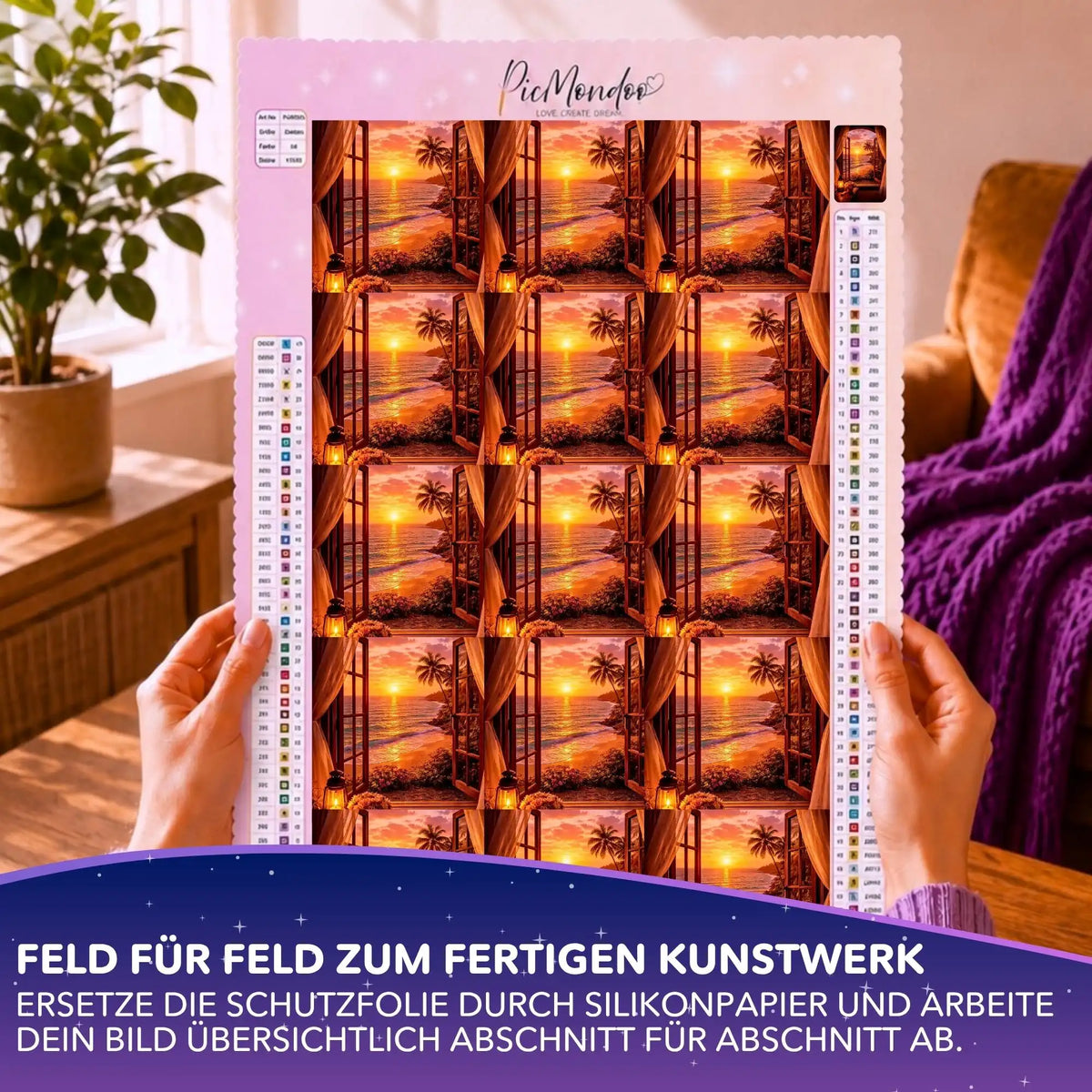 Diamond Painting Leinwand eingeteilt mit dem Silikonpapier-Set Goldene Stille im Sonnenuntergangs-Design.