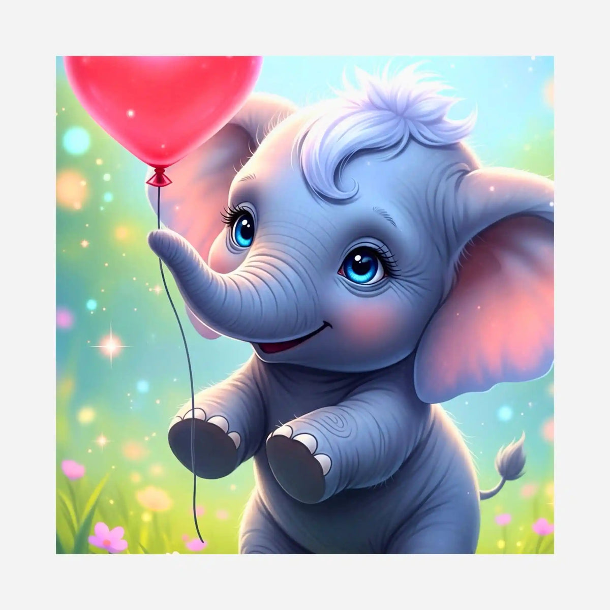 Diamond Painting Silikonpapier: Niedlicher Baby-Elefant mit rotem Herzballon auf blühender Frühlingswiese