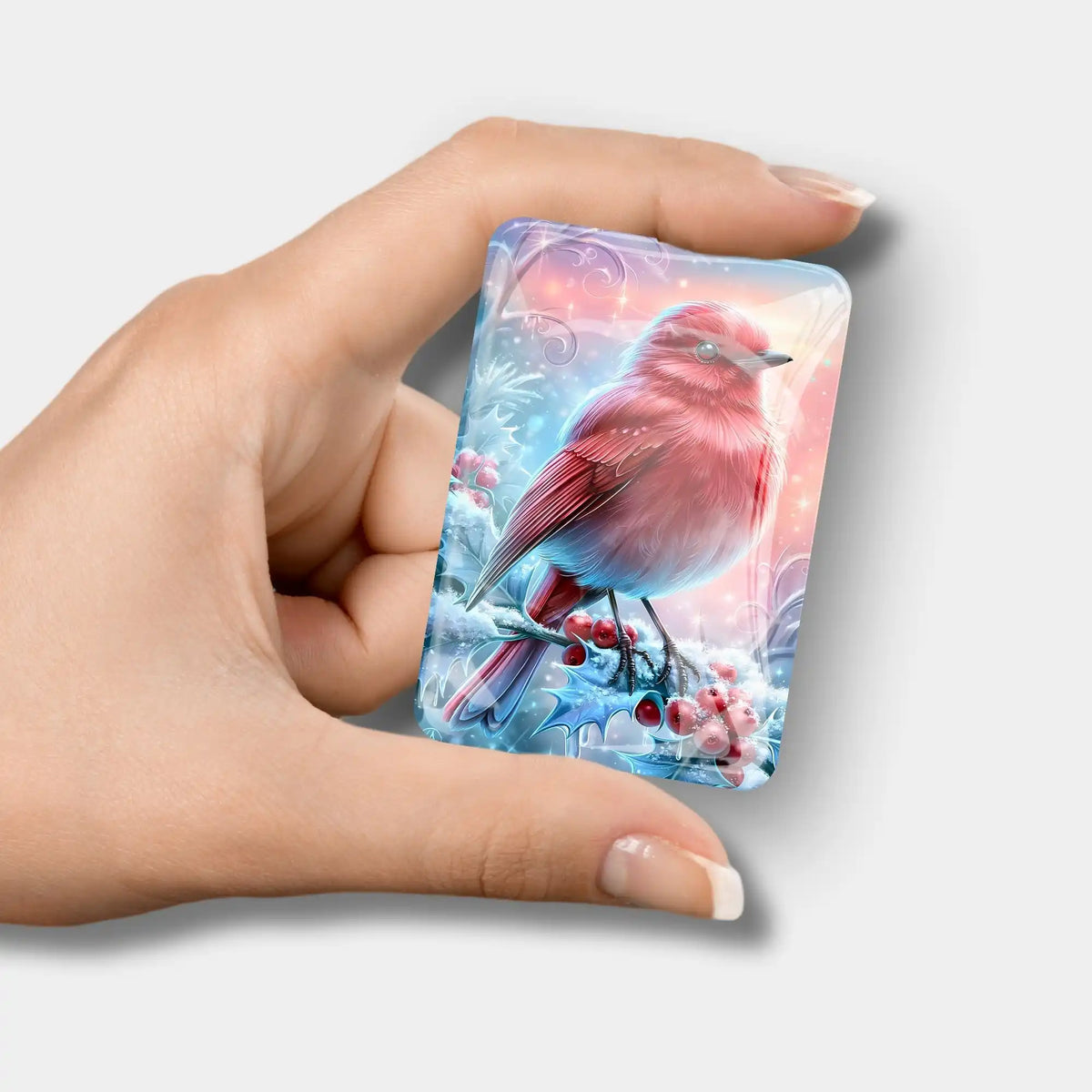 Diamond Painting Cover Minder Feuerherz im ersten Frost: Glasmagnet mit rotem Wintervogel und Beeren von Picmondoo