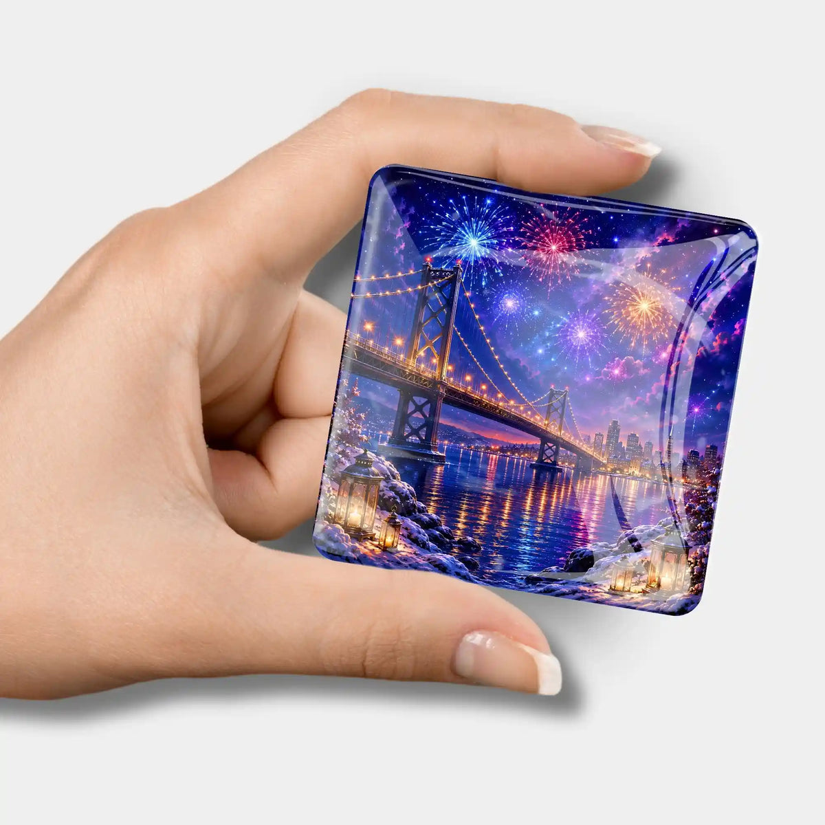 Diamond Painting Cover Minder Der Himmel kennt keine Grenzen mit funkelndem Feuerwerk und Brücke