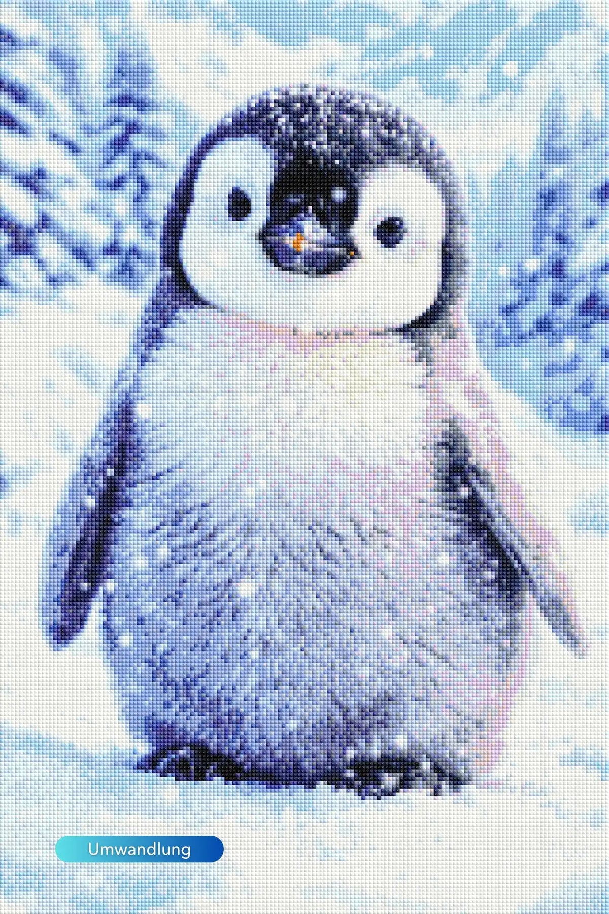 Diamond Painting mit süßem Baby-Pinguin im Schneefall vor verschneiter Winterlandschaft.