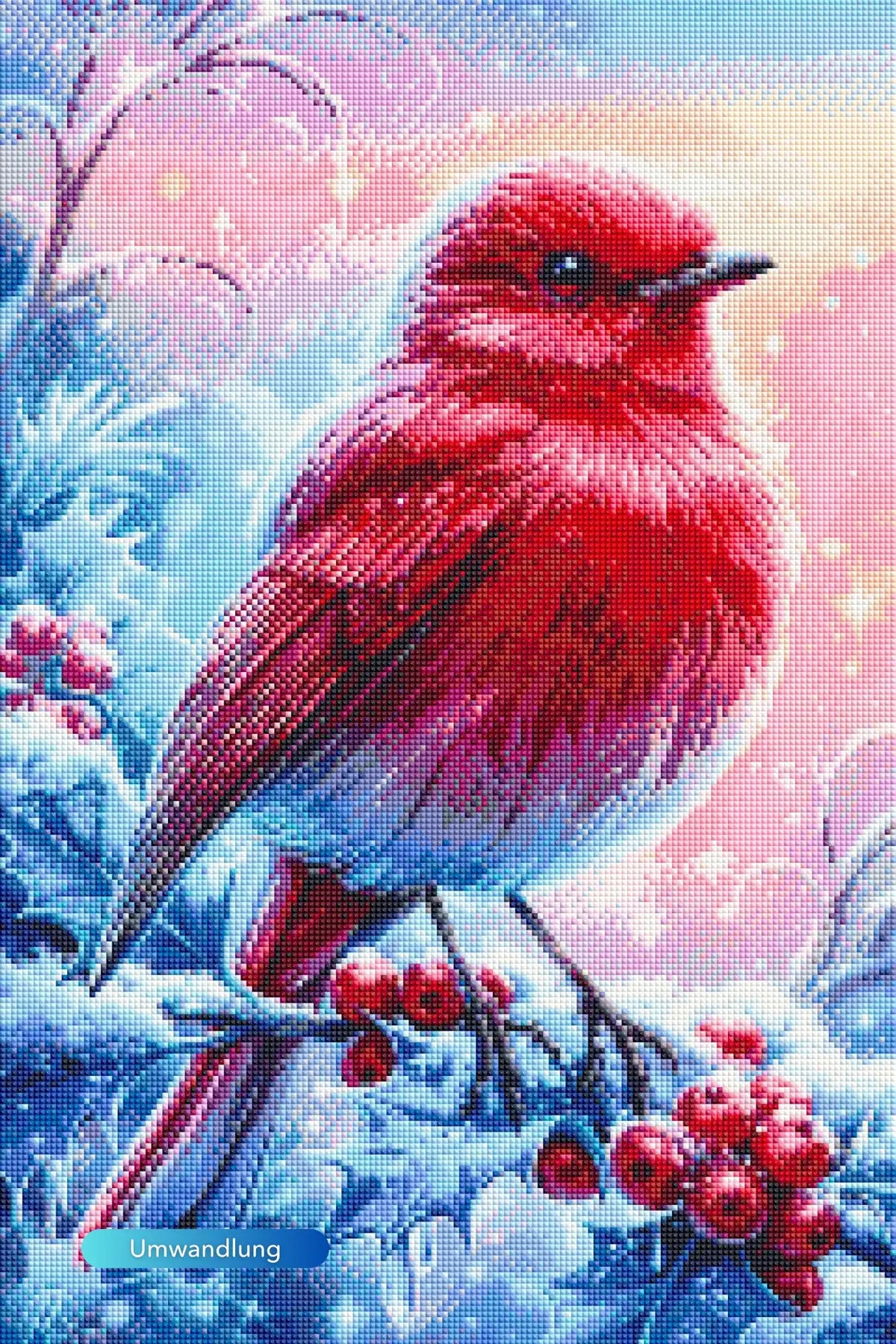 Diamond Painting Motiv: Roter Vogel auf verschneitem Ast mit roten Beeren in frostiger Winterlandschaft.