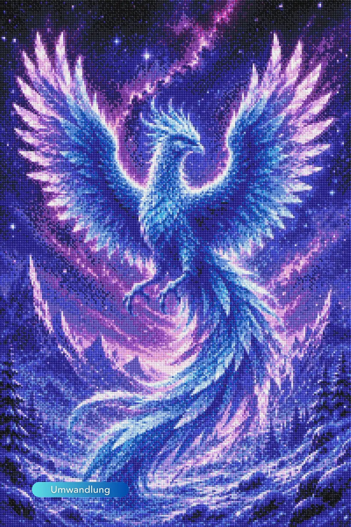 Diamond Painting Winterphönix: Magischer Eis-Phönix mit funkelnden Schwingen am lila Nachthimmel.