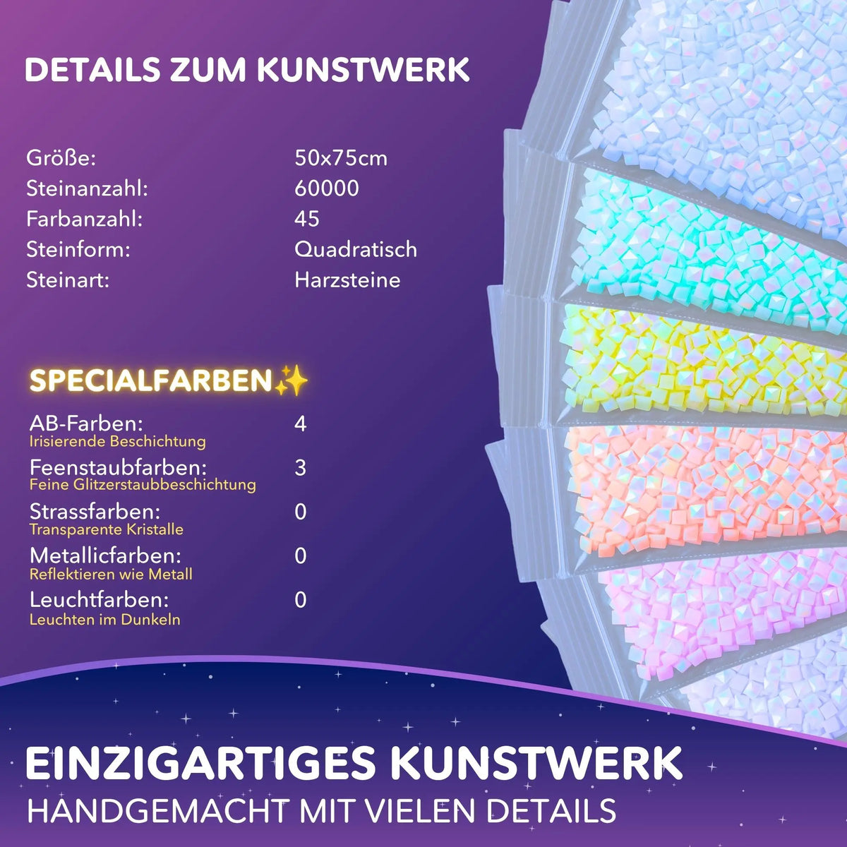 Diamond Painting Winterphönix Details: 50x75cm Set mit quadratischen Glitzersteinen, Feenstaub- und AB-Farben.