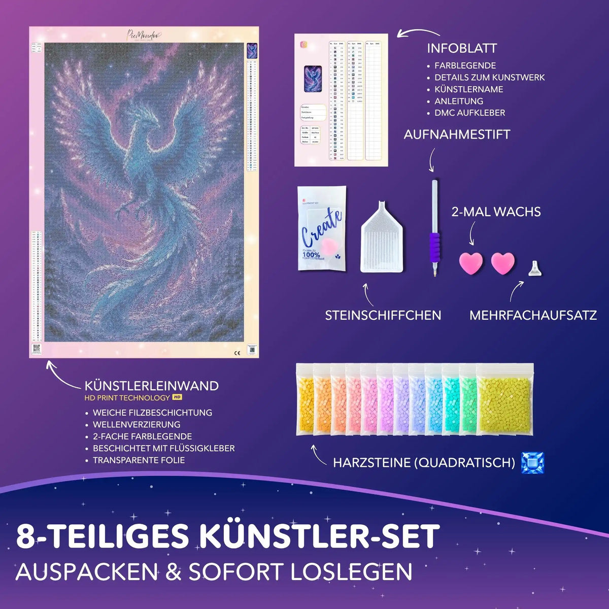 Diamond Painting Set Winterphönix mit Leinwand, quadratischen Glitzersteinen und Bastel-Zubehör